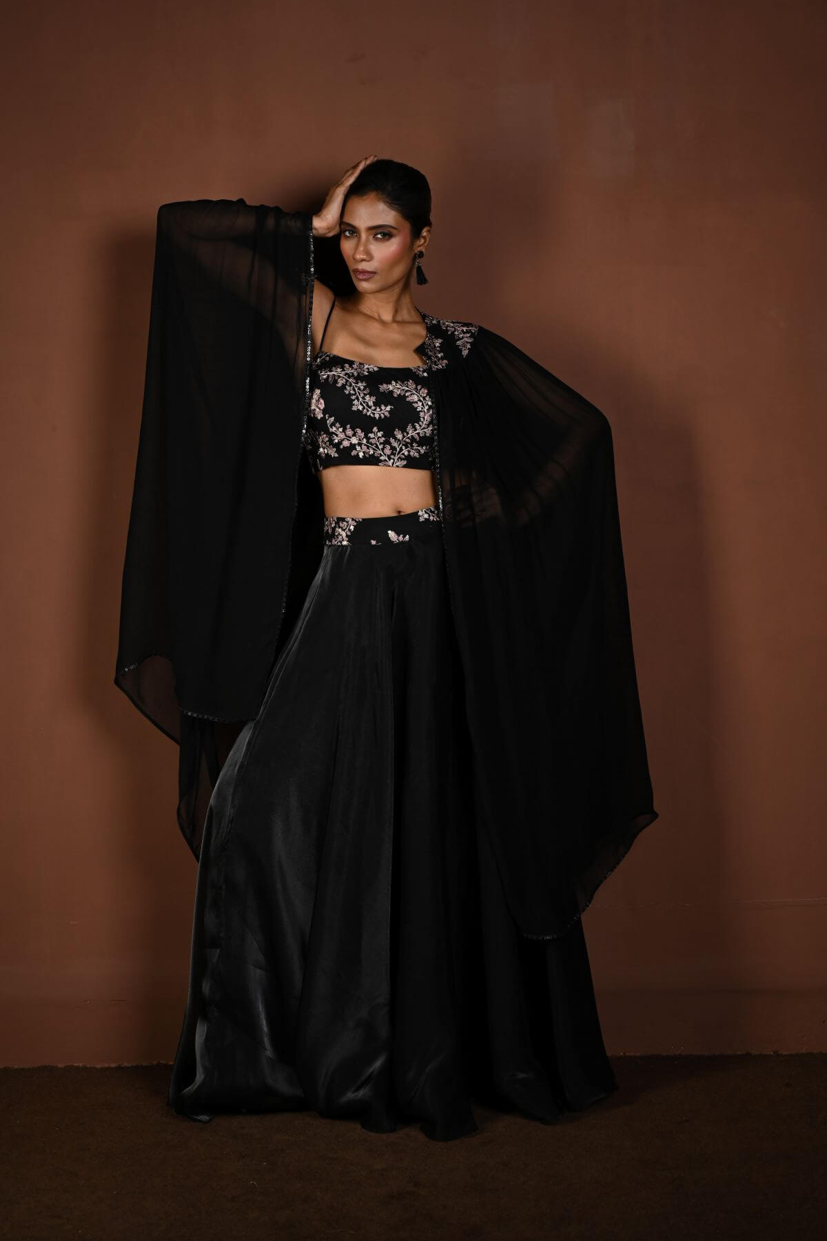 Black Lehenga Set with Embroidered Choli and Cape Sleeves - Anvi Couture