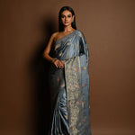 Grey and Gold Meenakari work Satin Silk Handloom Banarasi Saree - Image 1