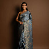 Grey and Gold Meenakari work Satin Silk Handloom Banarasi Saree - Image 1