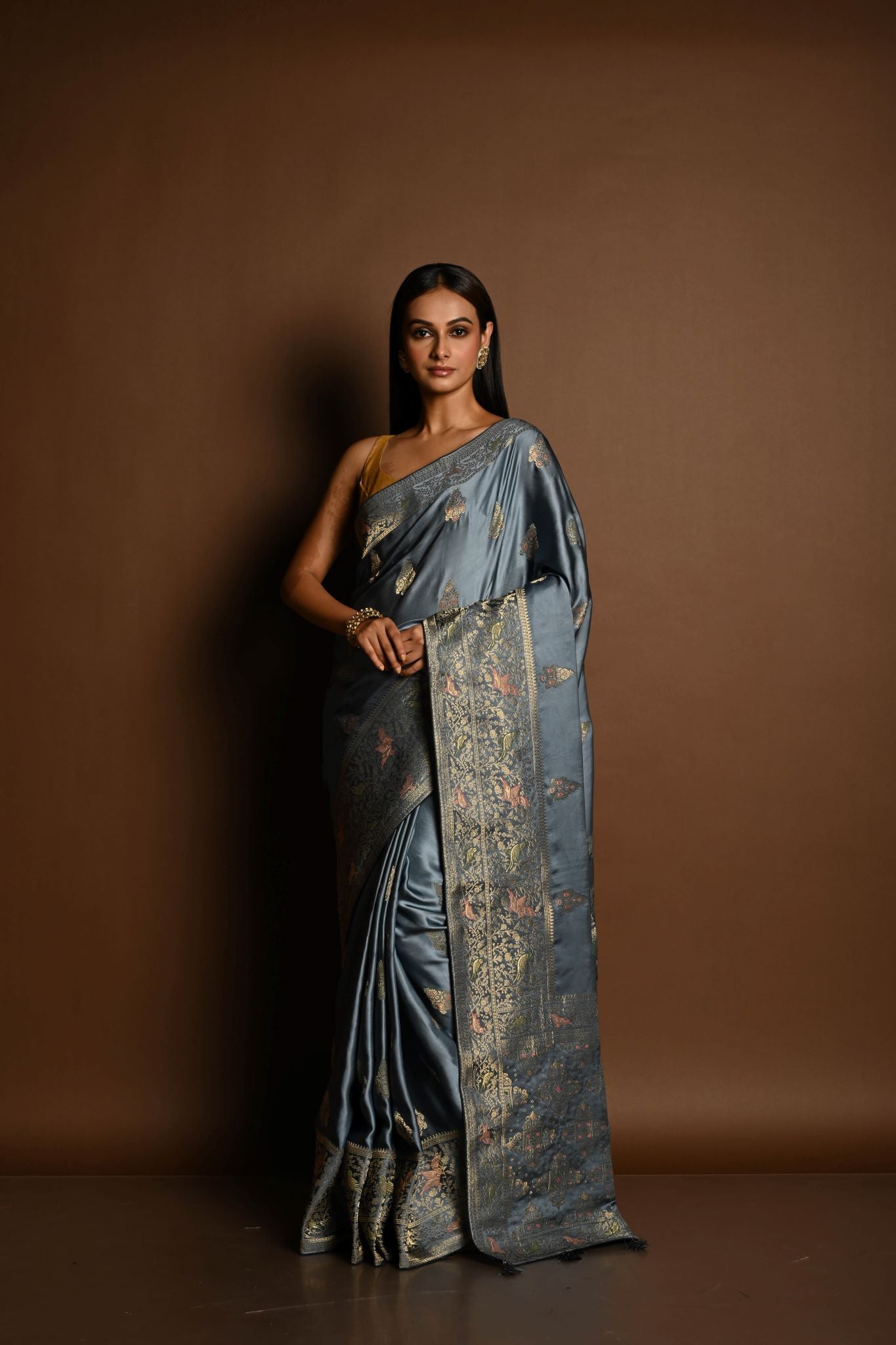 Grey and Gold Meenakari work Satin Silk Handloom Banarasi Saree - Image 1