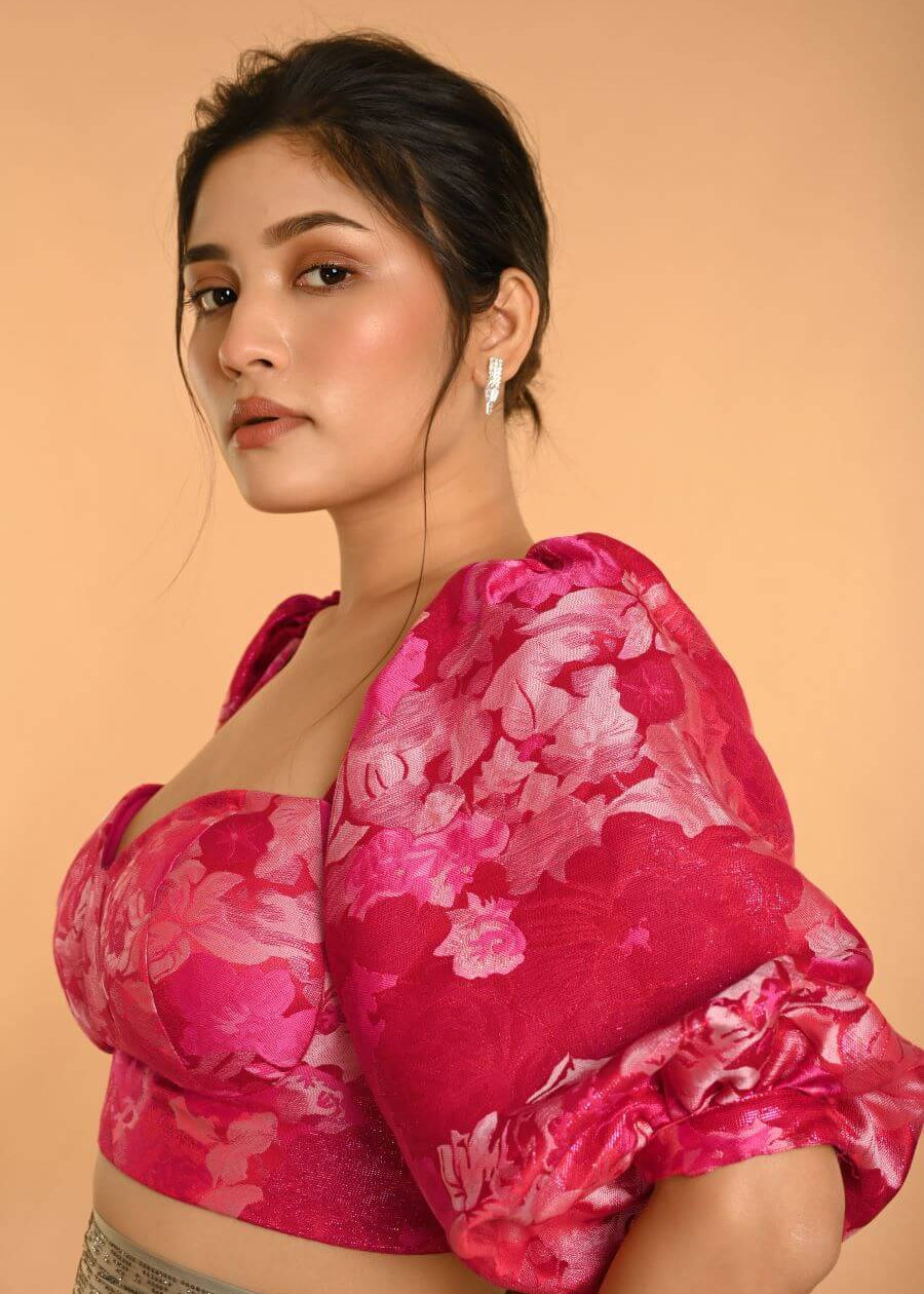 Pink Corset Top in Raw Silk With Three Quarter Sleeves and  Sweetheart Neckline
