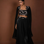 Black Lehenga Set with Embroidered Choli and Cape Sleeves - Anvi Couture