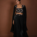 Black Lehenga Set with Embroidered Choli and Cape Sleeves - Anvi Couture
