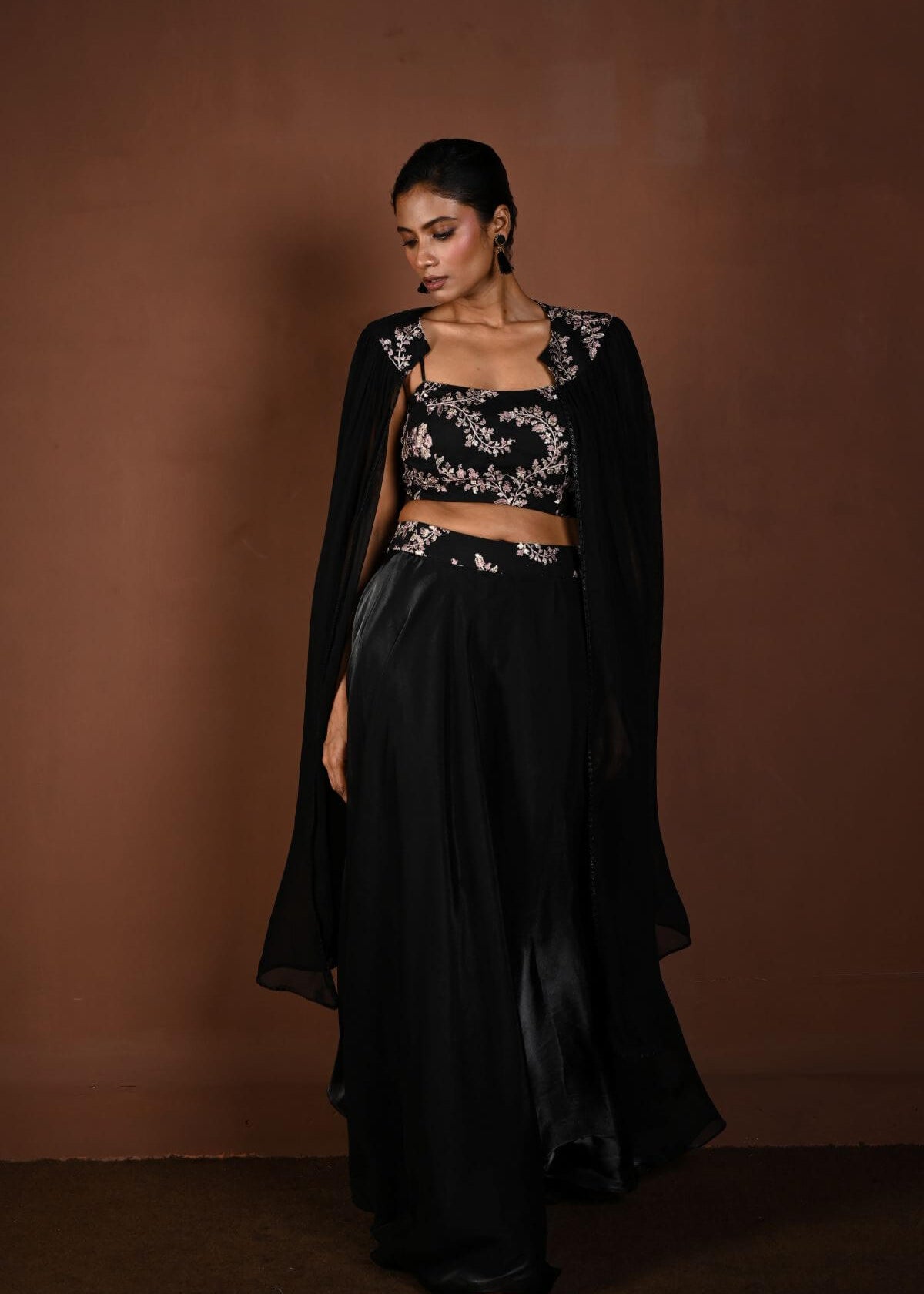 Black Lehenga Set with Embroidered Choli and Cape Sleeves - Anvi Couture