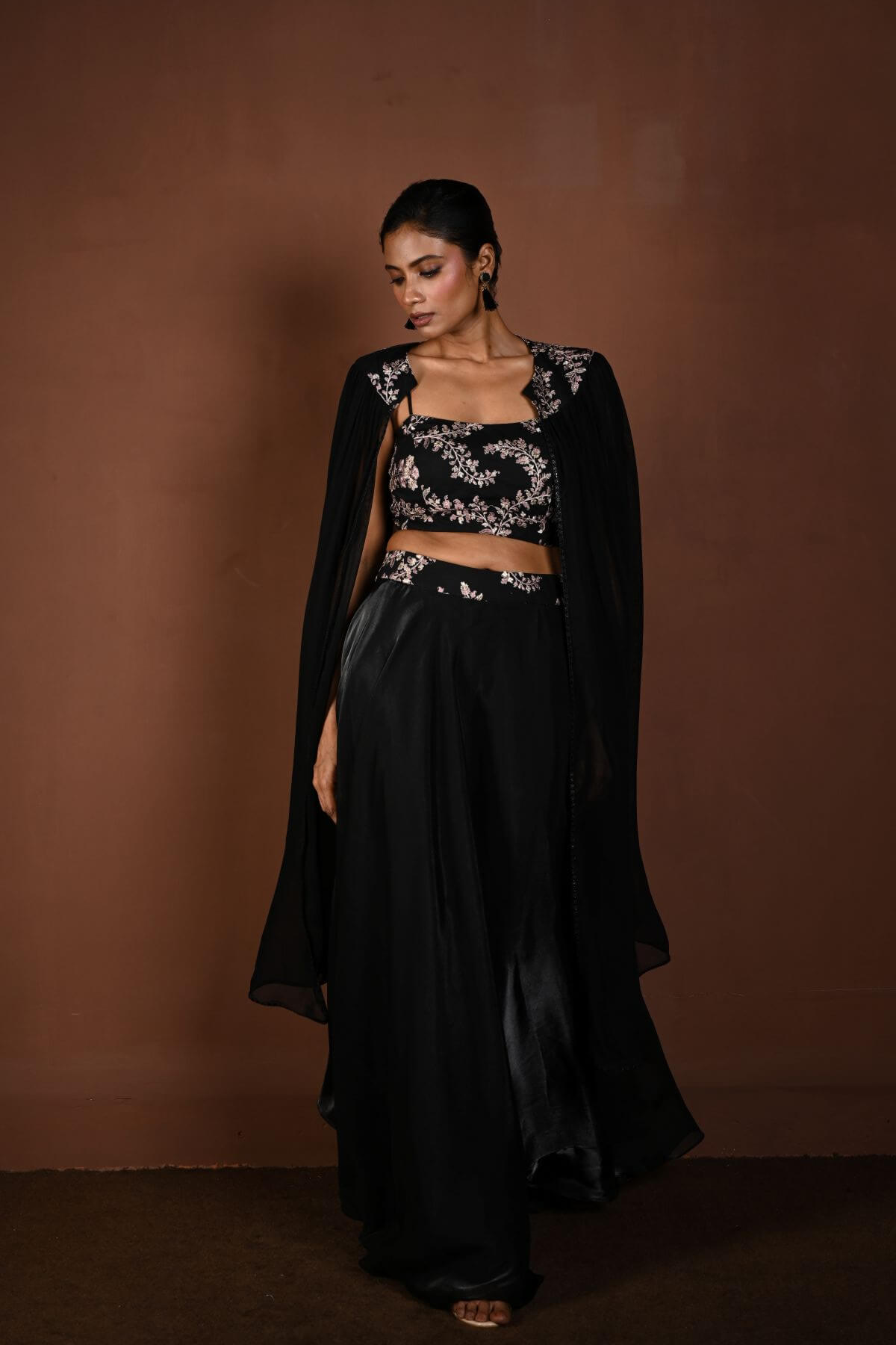 Black Lehenga Set with Embroidered Choli and Cape Sleeves - Anvi Couture