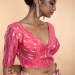 Pink Brocade Blouse with Deep V Neckline and Elbow Length Sleeves - Anvi Couture