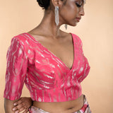 Pink Brocade Blouse with Deep V Neckline and Elbow Length Sleeves - Anvi Couture