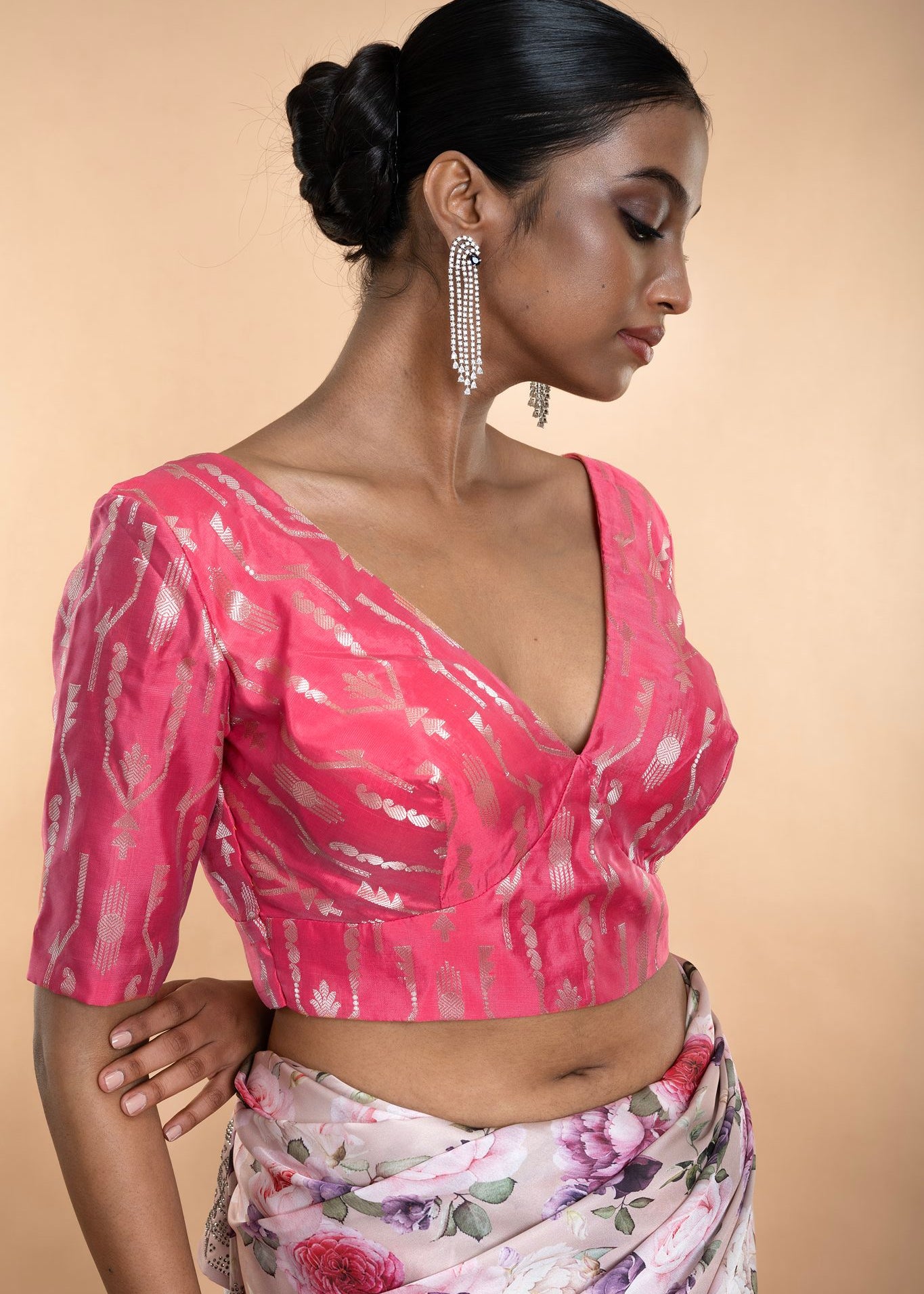 Pink Brocade Blouse with Deep V Neckline and Elbow Length Sleeves - Anvi Couture