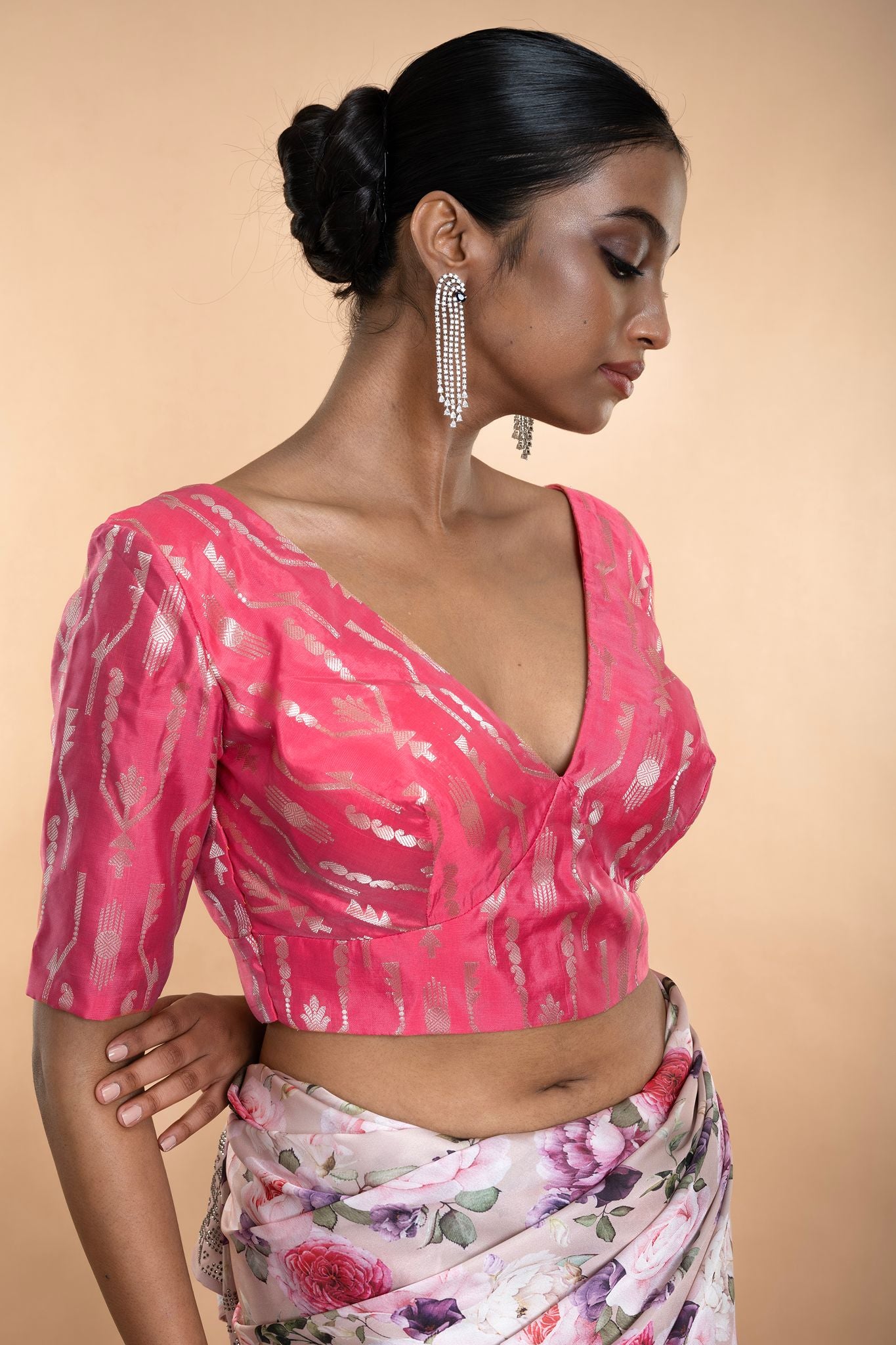 Pink Brocade Blouse with Deep V Neckline and Elbow Length Sleeves - Anvi Couture