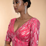 Pink Brocade Blouse with Deep V Neckline and Elbow Length Sleeves - Anvi Couture