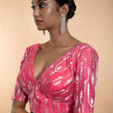 Pink Brocade Blouse with Deep V Neckline and Elbow Length Sleeves - Anvi Couture