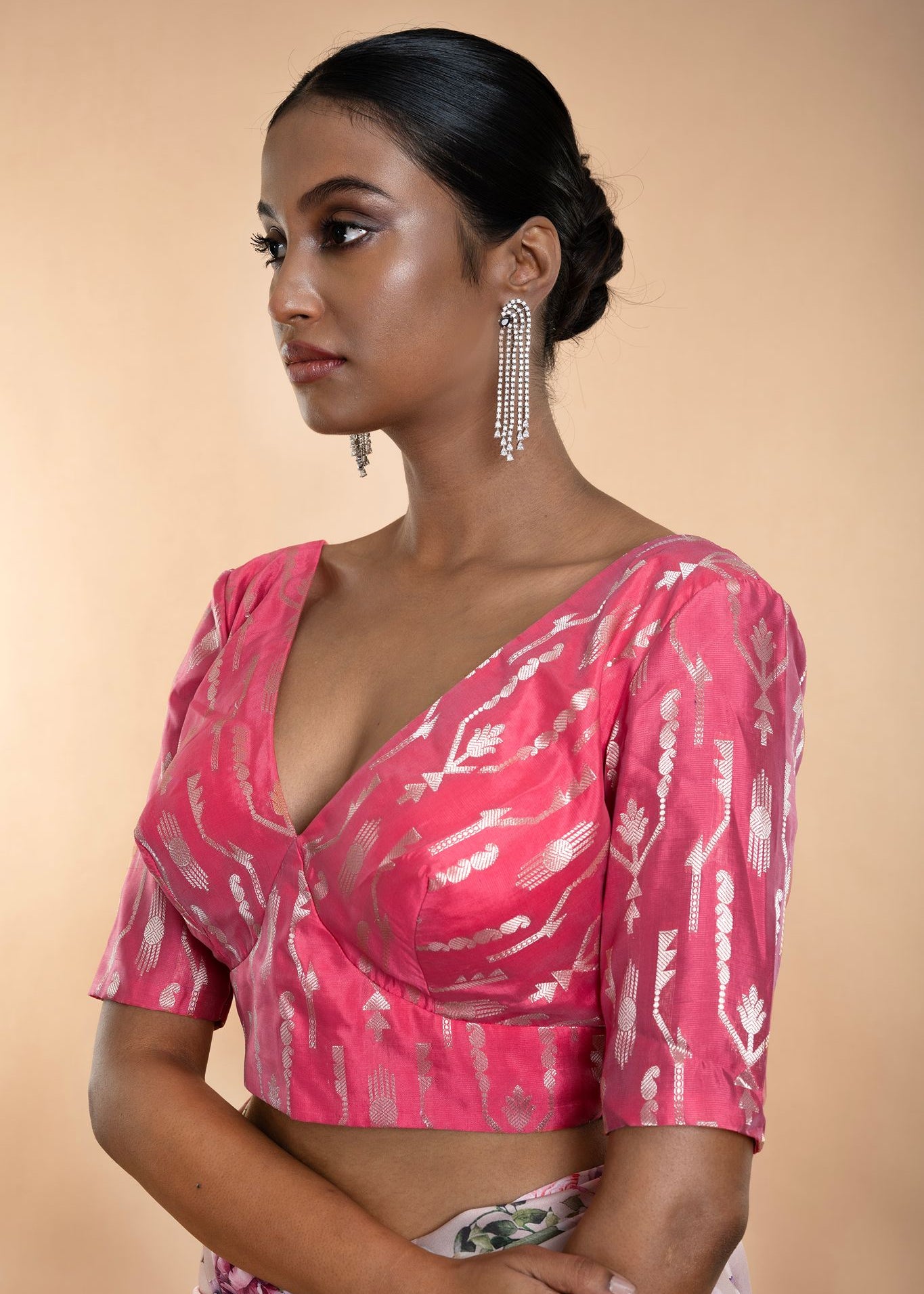Pink Brocade Blouse with Deep V Neckline and Elbow Length Sleeves - Anvi Couture
