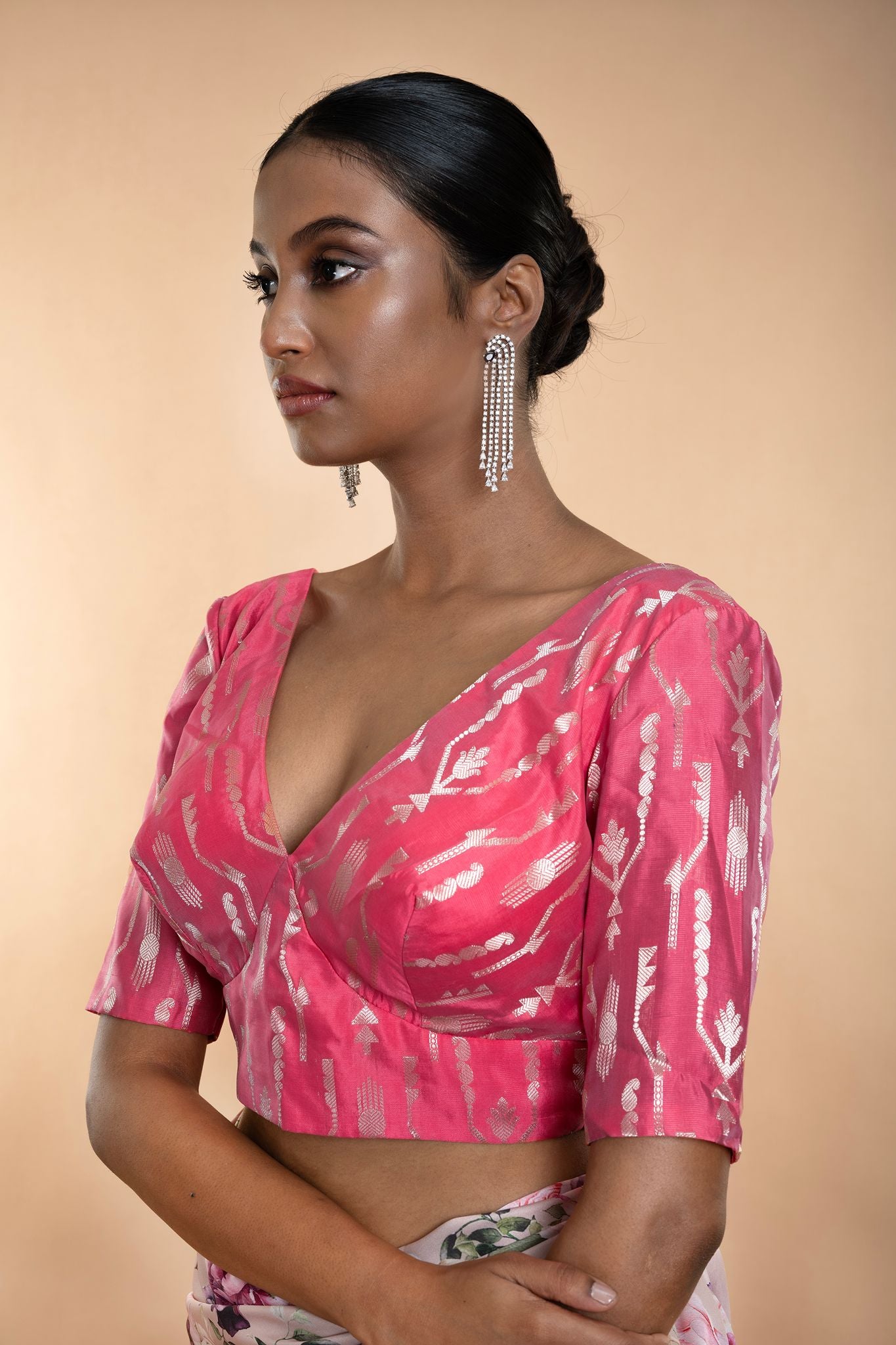 Pink Brocade Blouse with Deep V Neckline and Elbow Length Sleeves - Anvi Couture