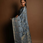 Grey and Gold Meenakari work Satin Silk Handloom Banarasi Saree - Image 3