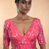 Pink Brocade Blouse with Deep V Neckline and Elbow Length Sleeves - Anvi Couture