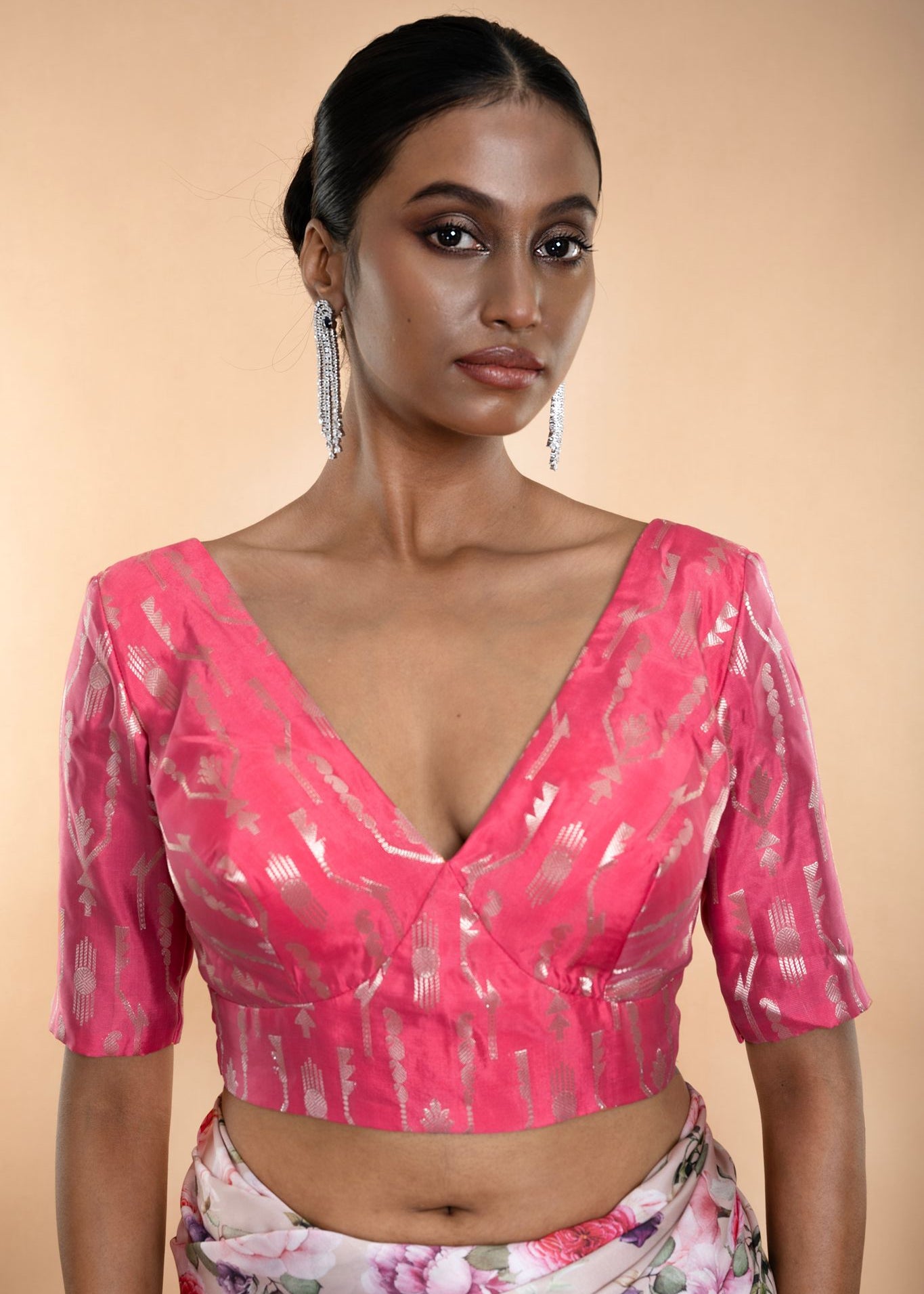 Pink Brocade Blouse with Deep V Neckline and Elbow Length Sleeves - Anvi Couture