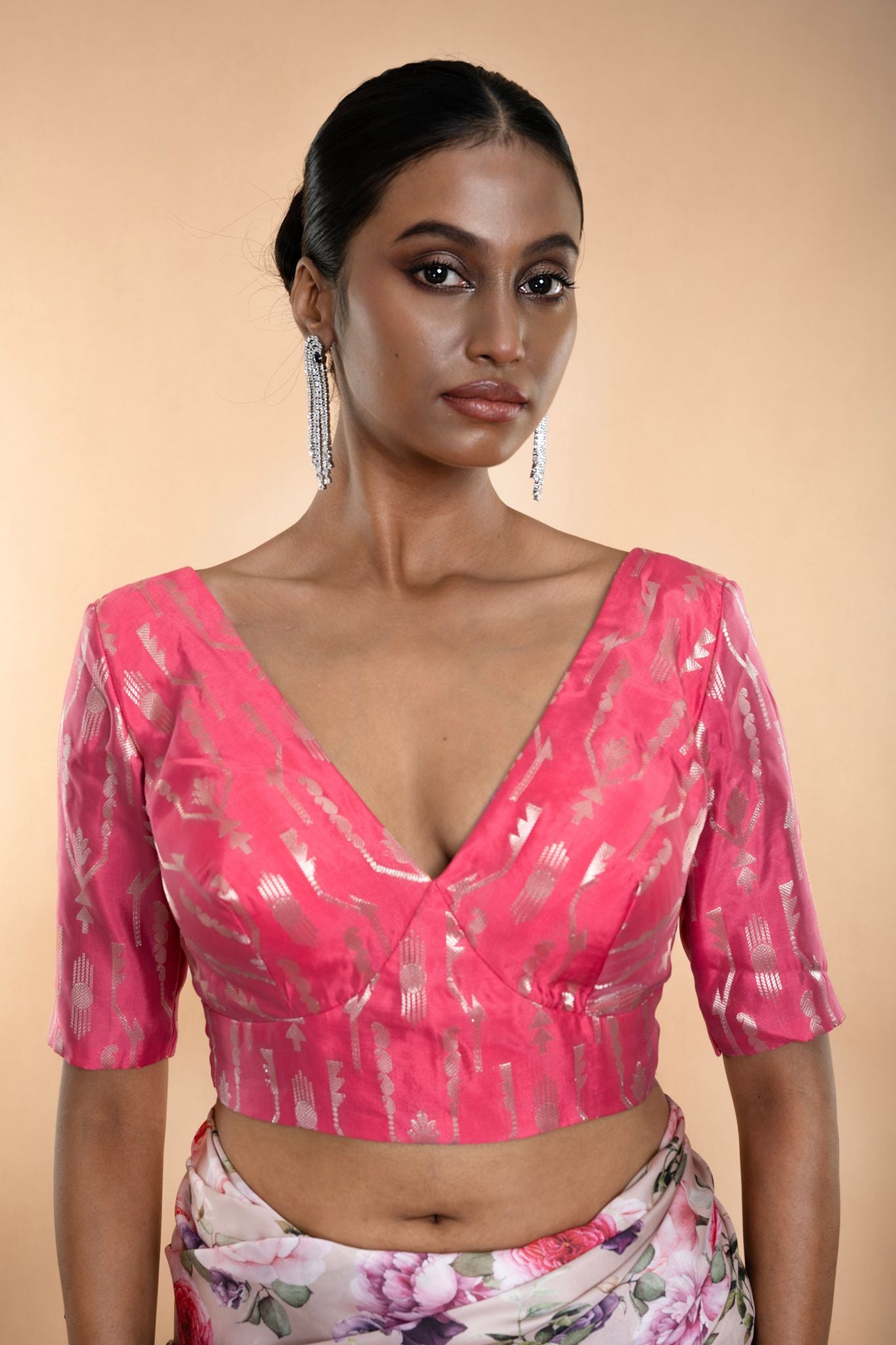 Pink Brocade Blouse with Deep V Neckline and Elbow Length Sleeves - Anvi Couture