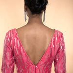 Pink Brocade Blouse with Deep V Neckline and Elbow Length Sleeves - Anvi Couture