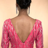 Pink Brocade Blouse with Deep V Neckline and Elbow Length Sleeves - Anvi Couture