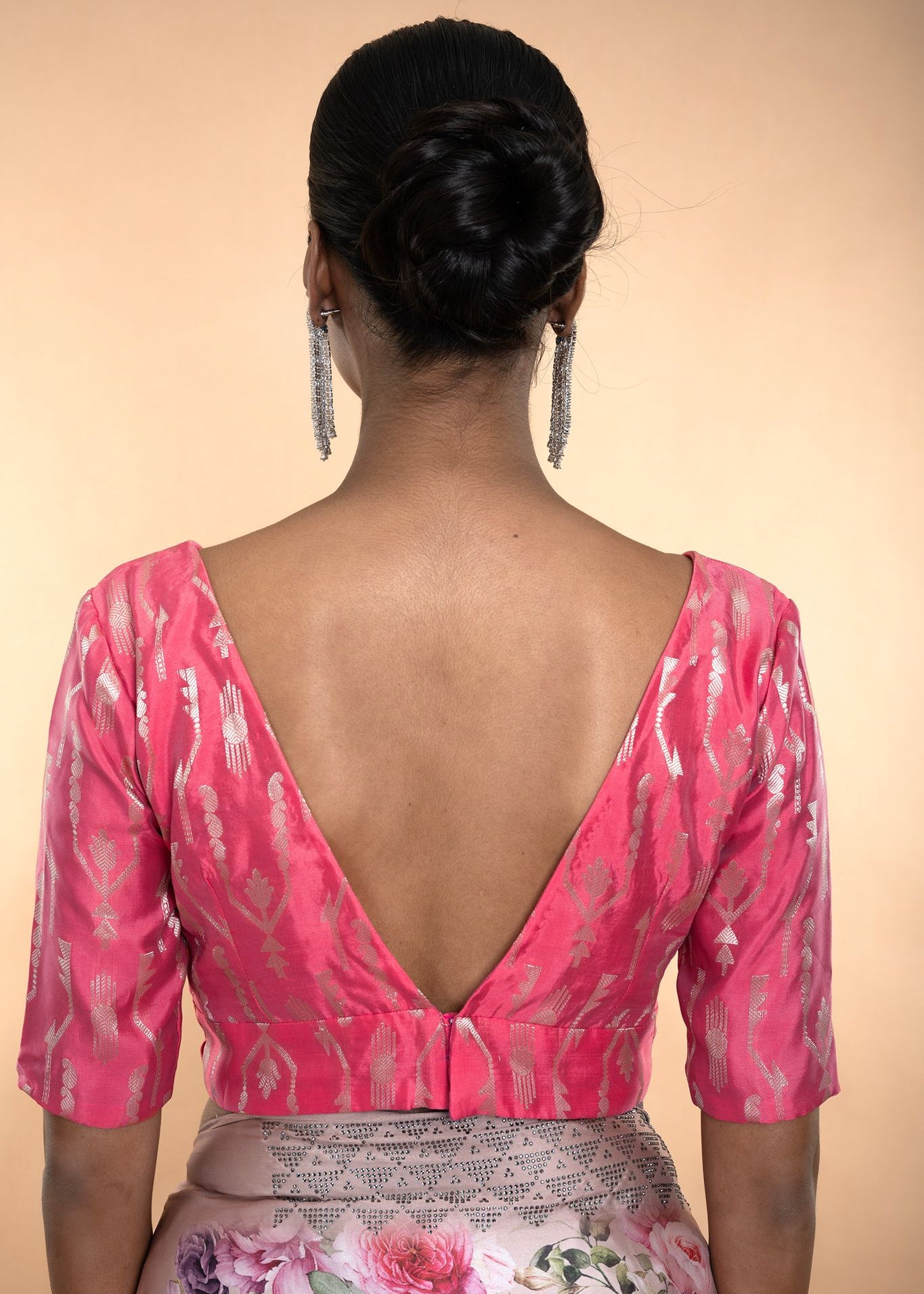Pink Brocade Blouse with Deep V Neckline and Elbow Length Sleeves - Anvi Couture