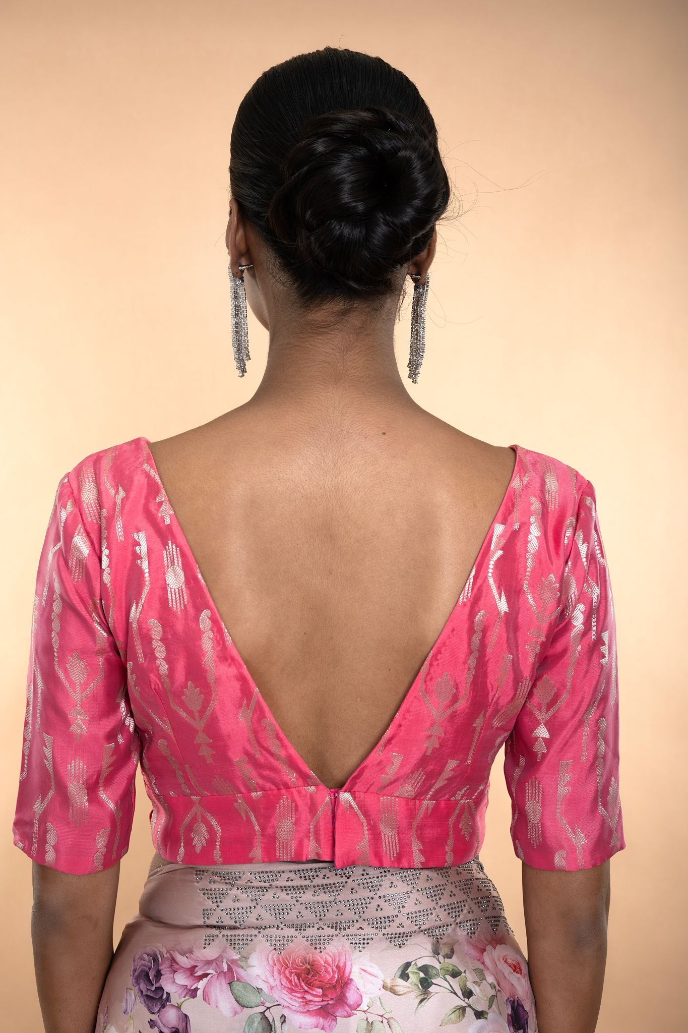 Pink Brocade Blouse with Deep V Neckline and Elbow Length Sleeves - Anvi Couture