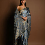 Grey and Gold Meenakari work Satin Silk Handloom Banarasi Saree - Anvi Couture