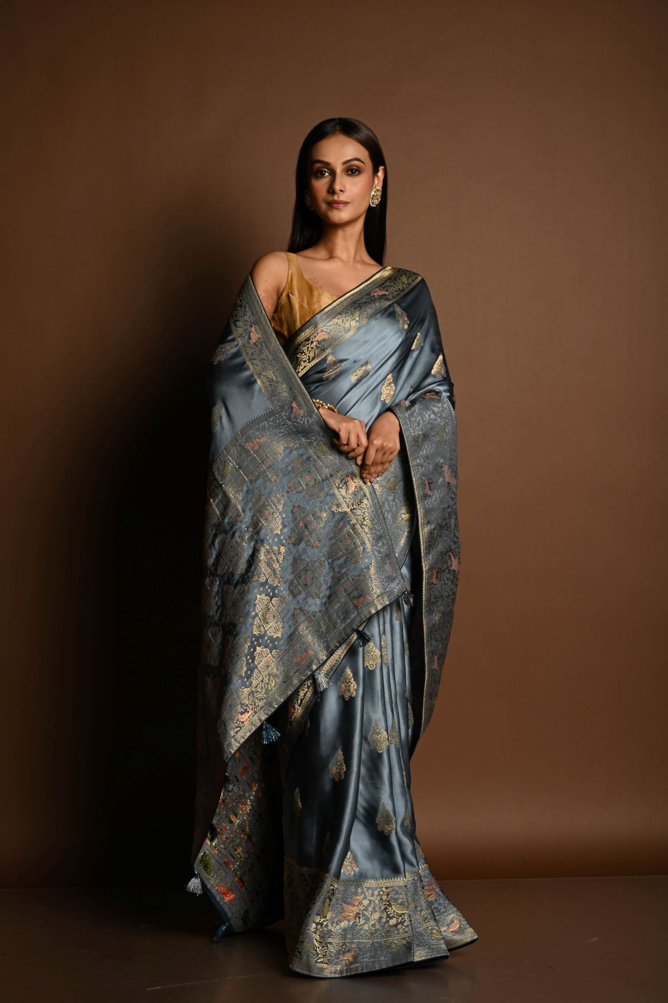 Grey and Gold Meenakari work Satin Silk Handloom Banarasi Saree - Anvi Couture