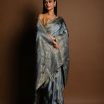 Grey and Gold Meenakari work Satin Silk Handloom Banarasi Saree - Image 2