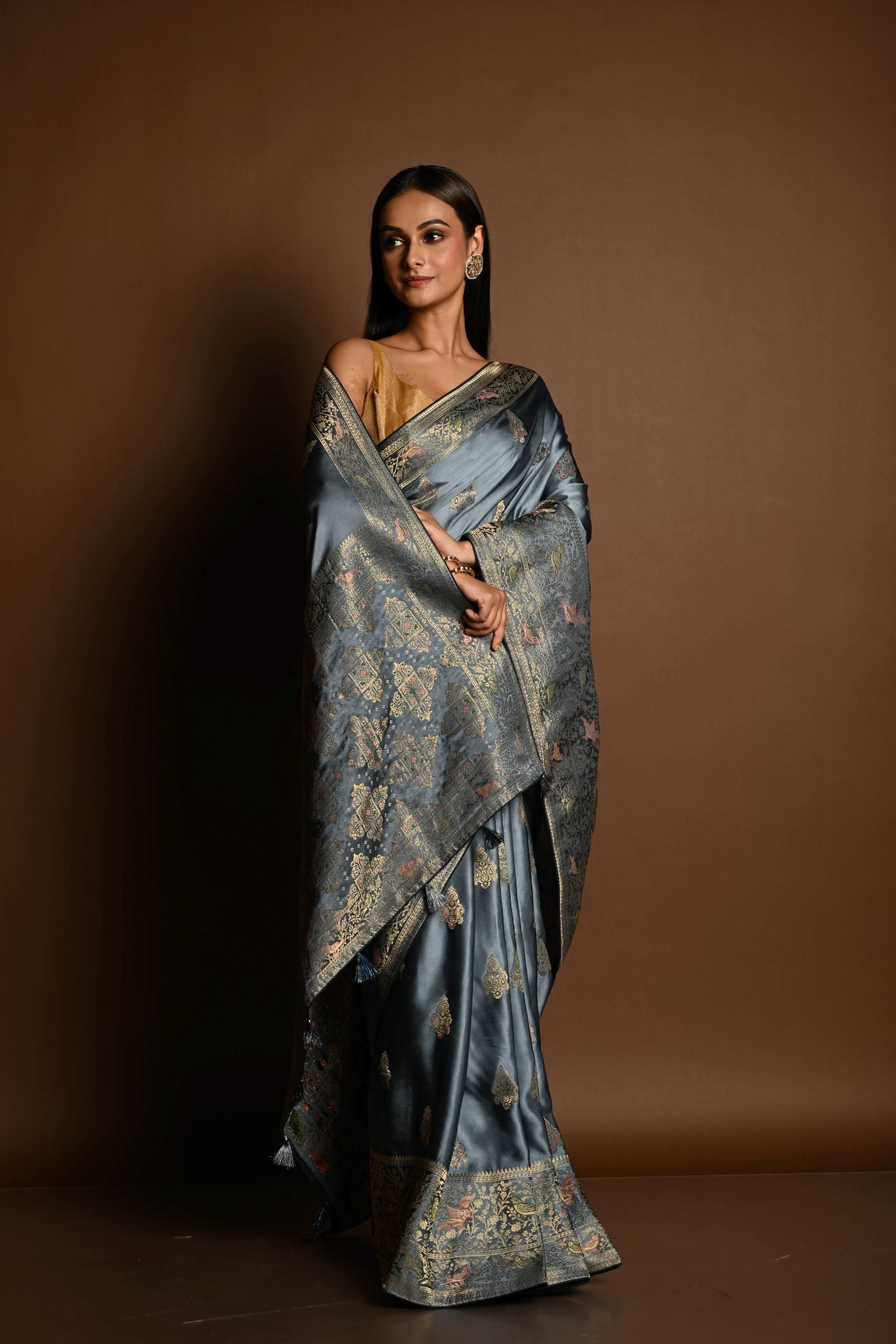 Grey and Gold Meenakari work Satin Silk Handloom Banarasi Saree - Anvi Couture