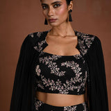 Black Lehenga Set with Embroidered Choli and Cape Sleeves - Anvi Couture