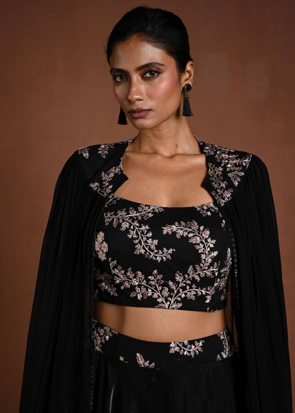 Black Lehenga Set with Embroidered Choli and Cape Sleeves - Anvi Couture