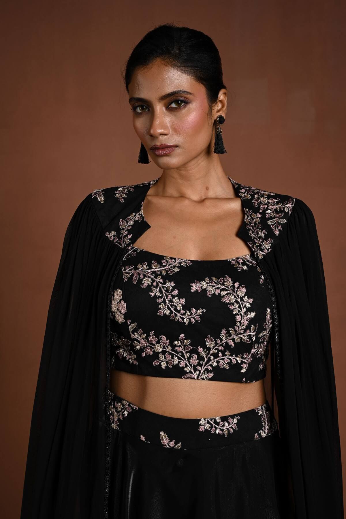Black Lehenga Set with Embroidered Choli and Cape Sleeves - Anvi Couture