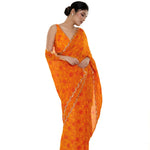 Orange Floral Digital Printed Saree Blouse Set with Cut dana Scallop border - Anvi Couture