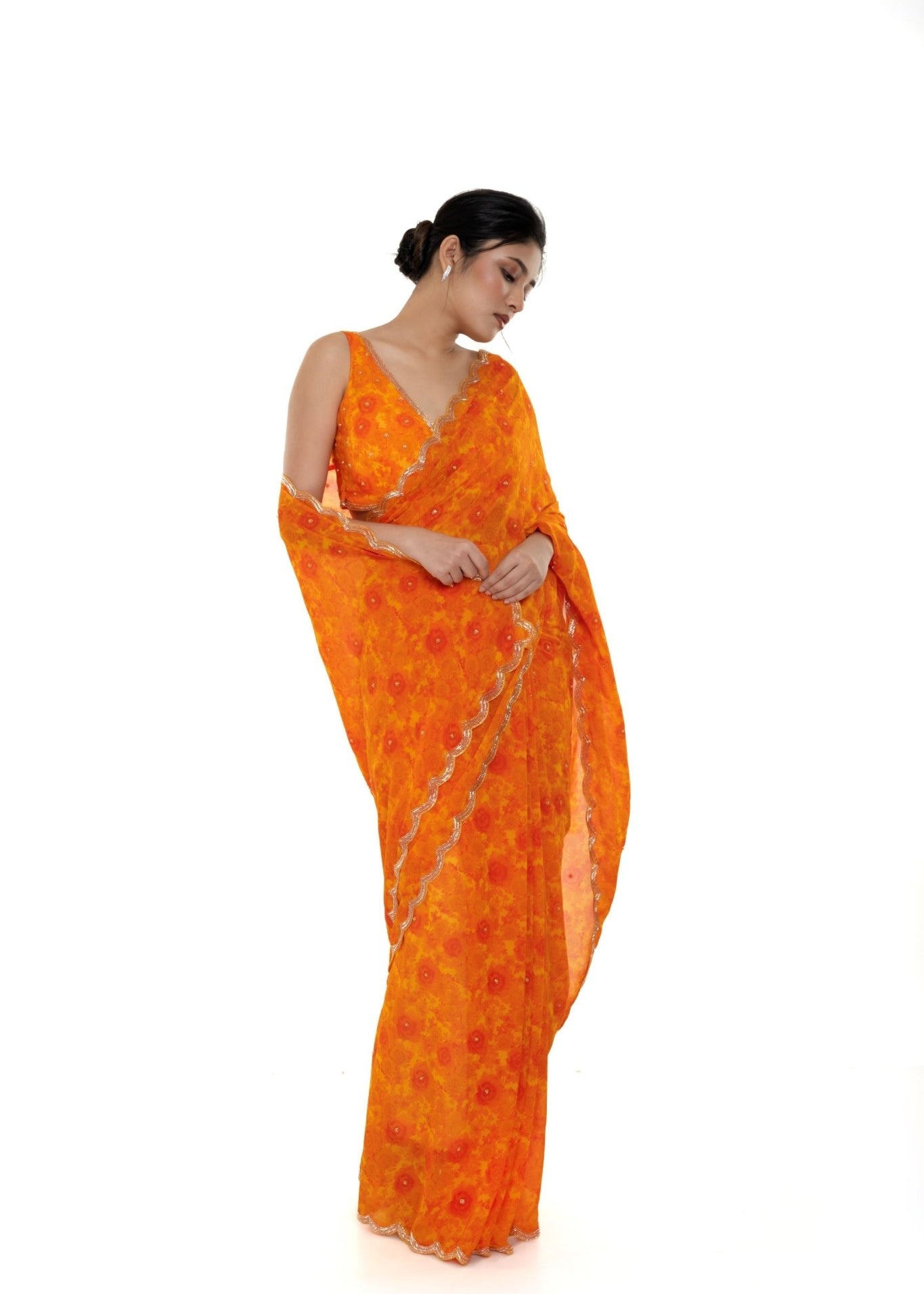 Orange Floral Digital Printed Saree Blouse Set with Cut dana Scallop border - Anvi Couture