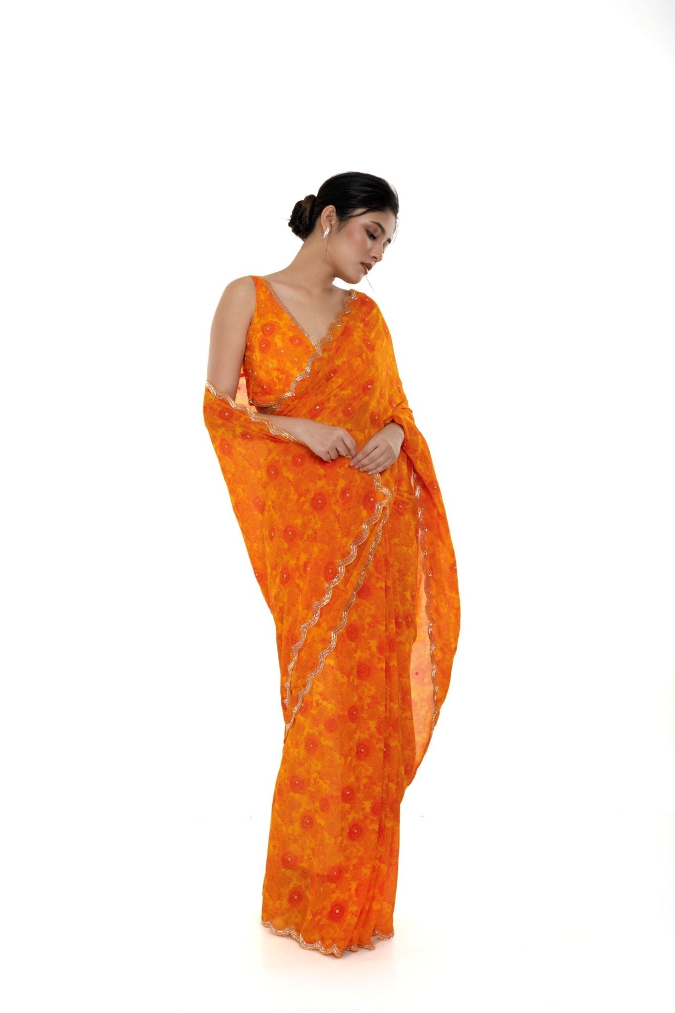 Orange Floral Digital Printed Saree Blouse Set with Cut dana Scallop border - Anvi Couture