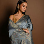 Grey and Gold Meenakari work Satin Silk Handloom Banarasi Saree - Anvi Couture