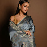 Grey and Gold Meenakari work Satin Silk Handloom Banarasi Saree - Image 5