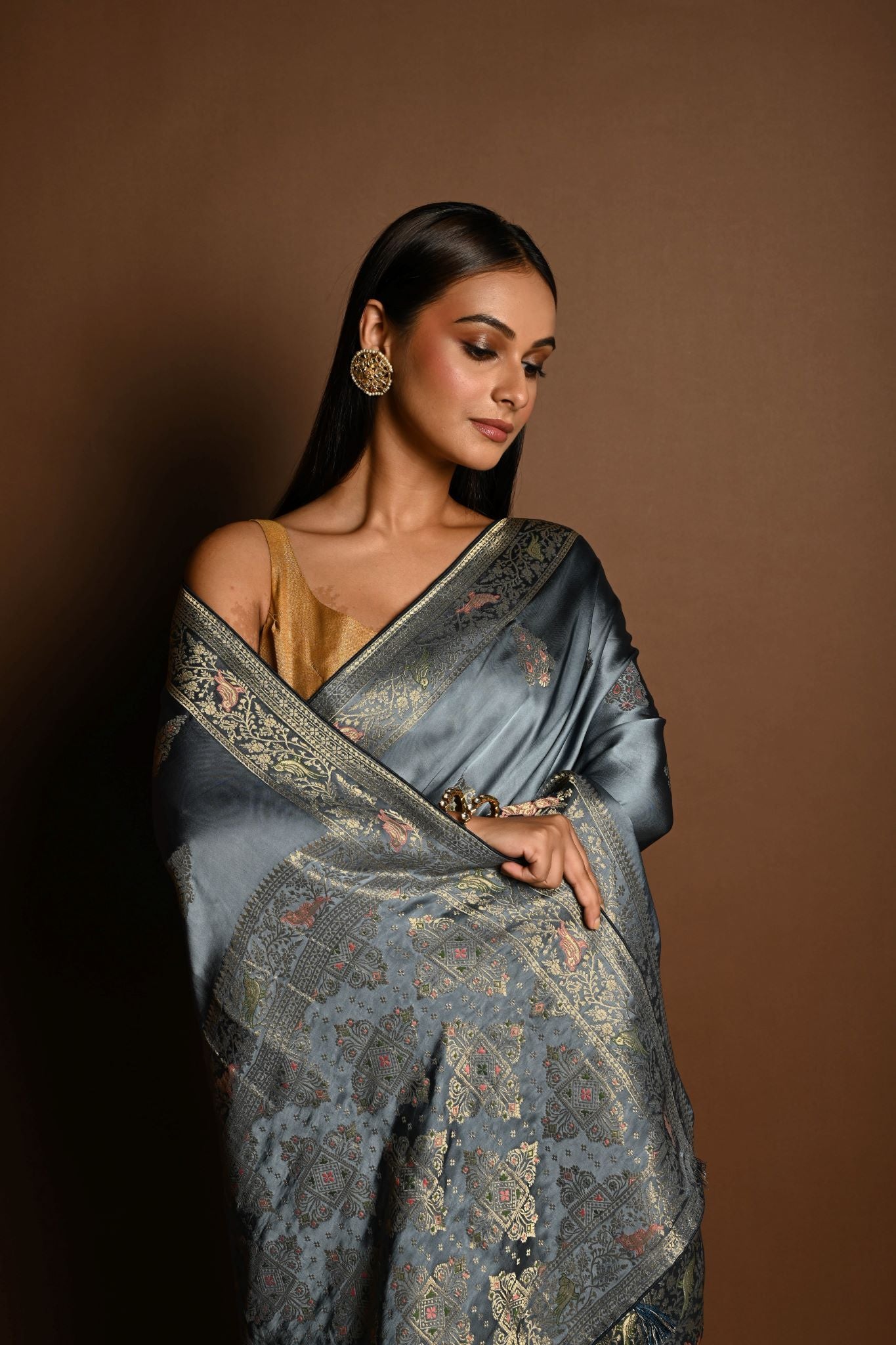 Grey and Gold Meenakari work Satin Silk Handloom Banarasi Saree - Anvi Couture