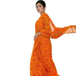 Orange Floral Digital Printed Saree Blouse Set with Cut dana Scallop border - Anvi Couture