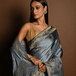 Grey and Gold Meenakari work Satin Silk Handloom Banarasi Saree - Anvi Couture