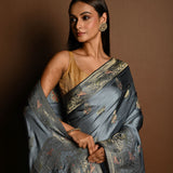 Grey and Gold Meenakari work Satin Silk Handloom Banarasi Saree - Anvi Couture