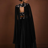 Black Lehenga Set with Embroidered Choli and Cape Sleeves - Anvi Couture