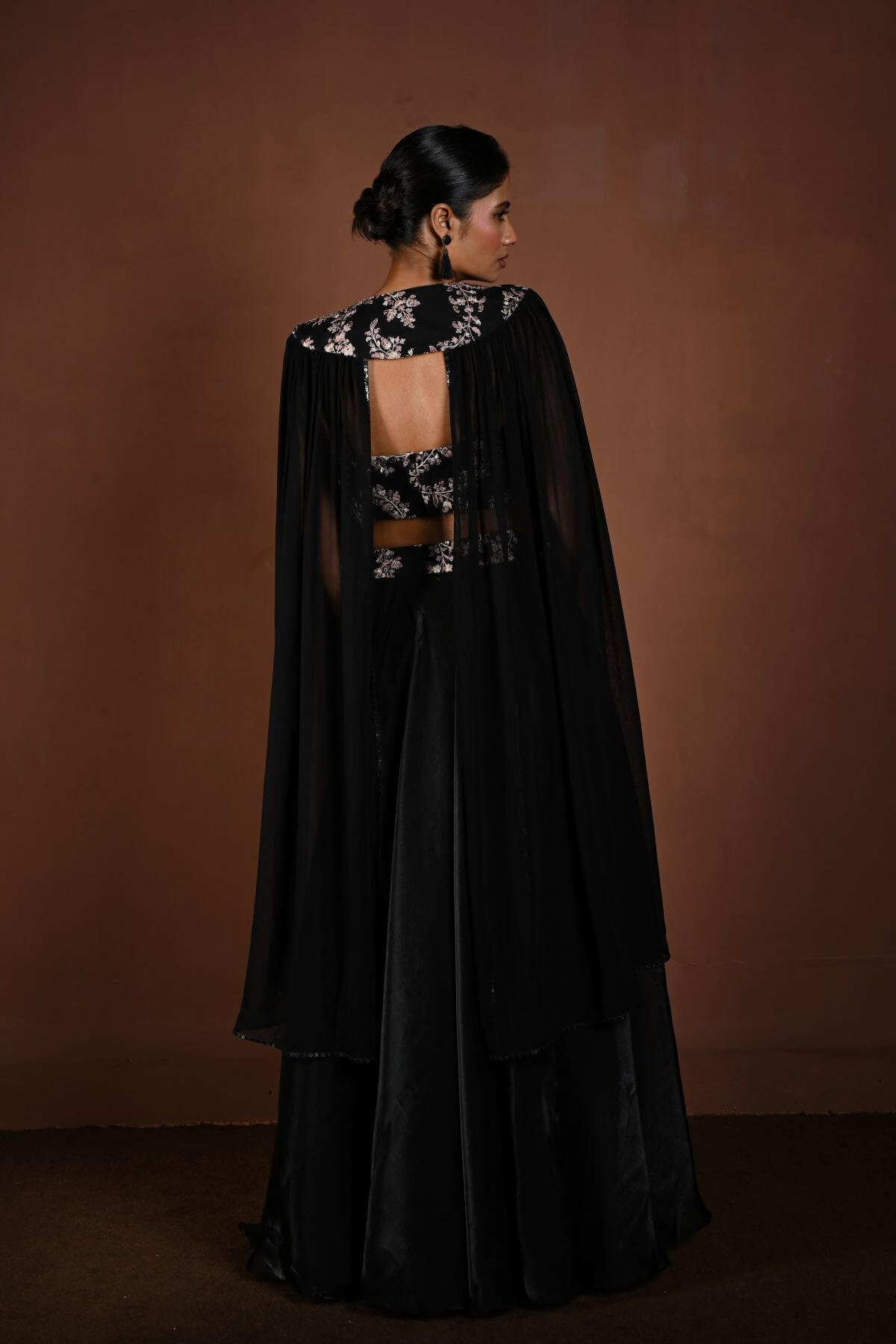 Black Lehenga Set with Embroidered Choli and Cape Sleeves - Anvi Couture