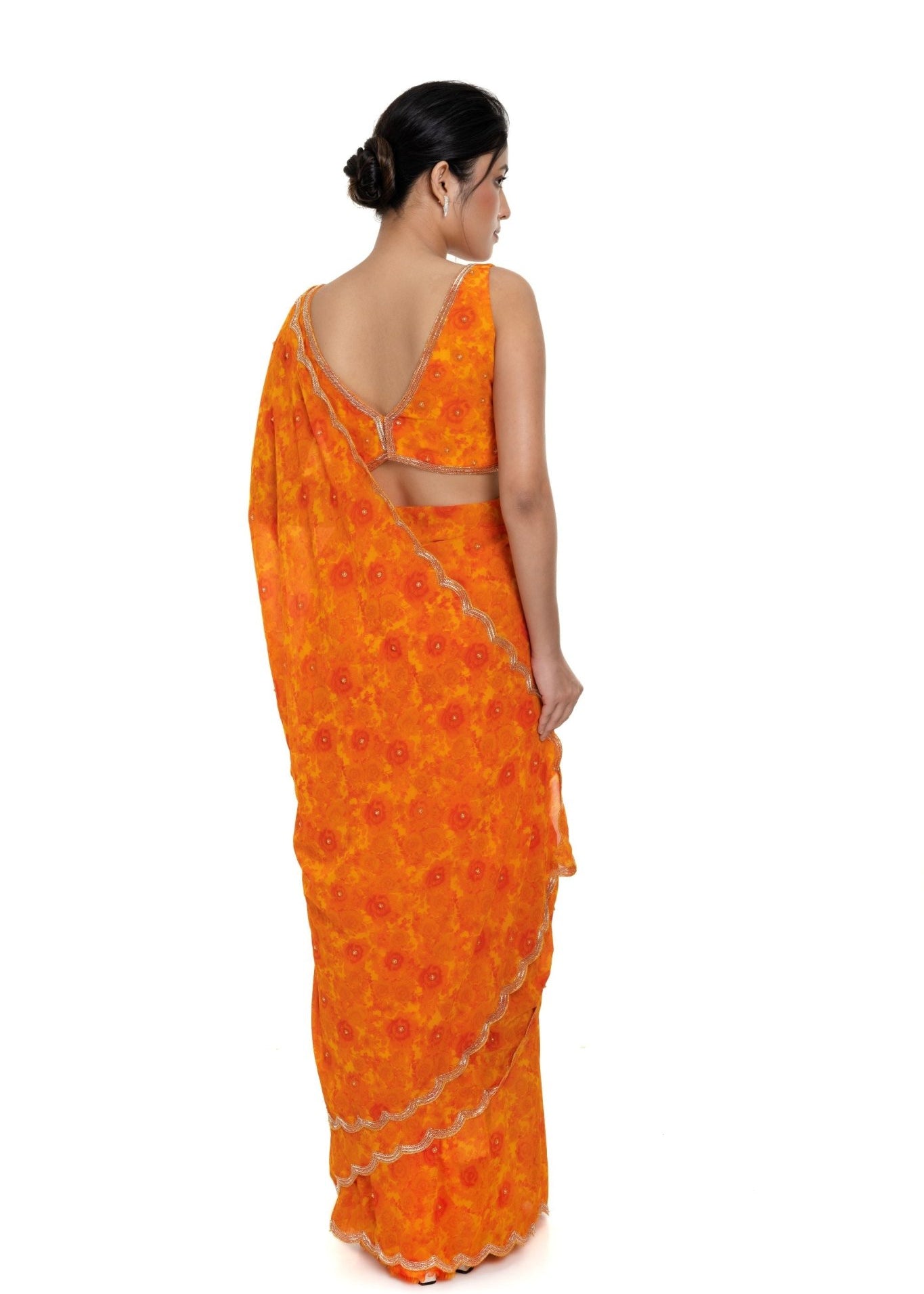 Orange Floral Digital Printed Saree Blouse Set with Cut dana Scallop border - Image 3