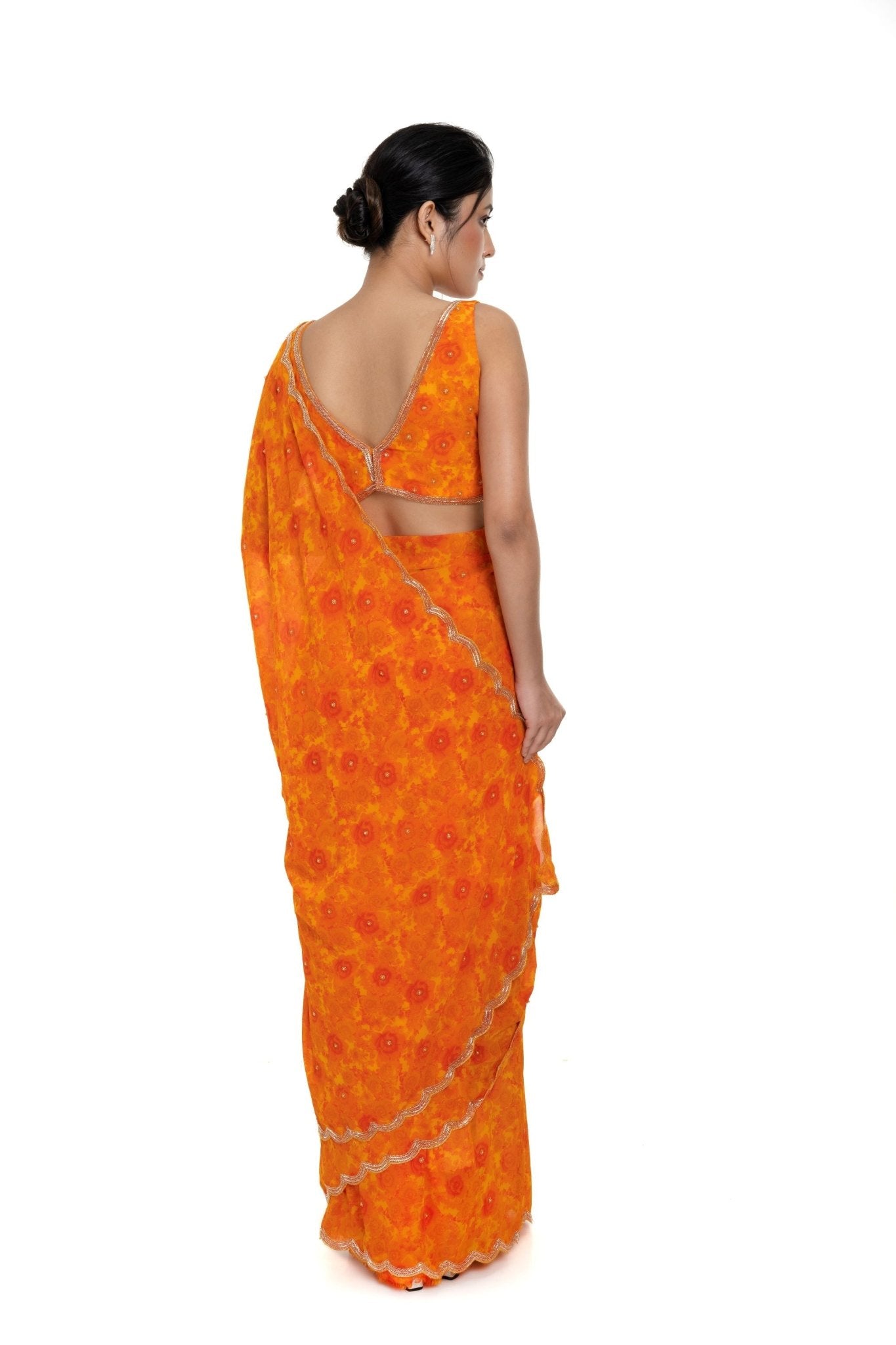 Orange Floral Digital Printed Saree Blouse Set with Cut dana Scallop border - Anvi Couture