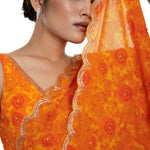 Orange Floral Digital Printed Saree Blouse Set with Cut dana Scallop border - Anvi Couture