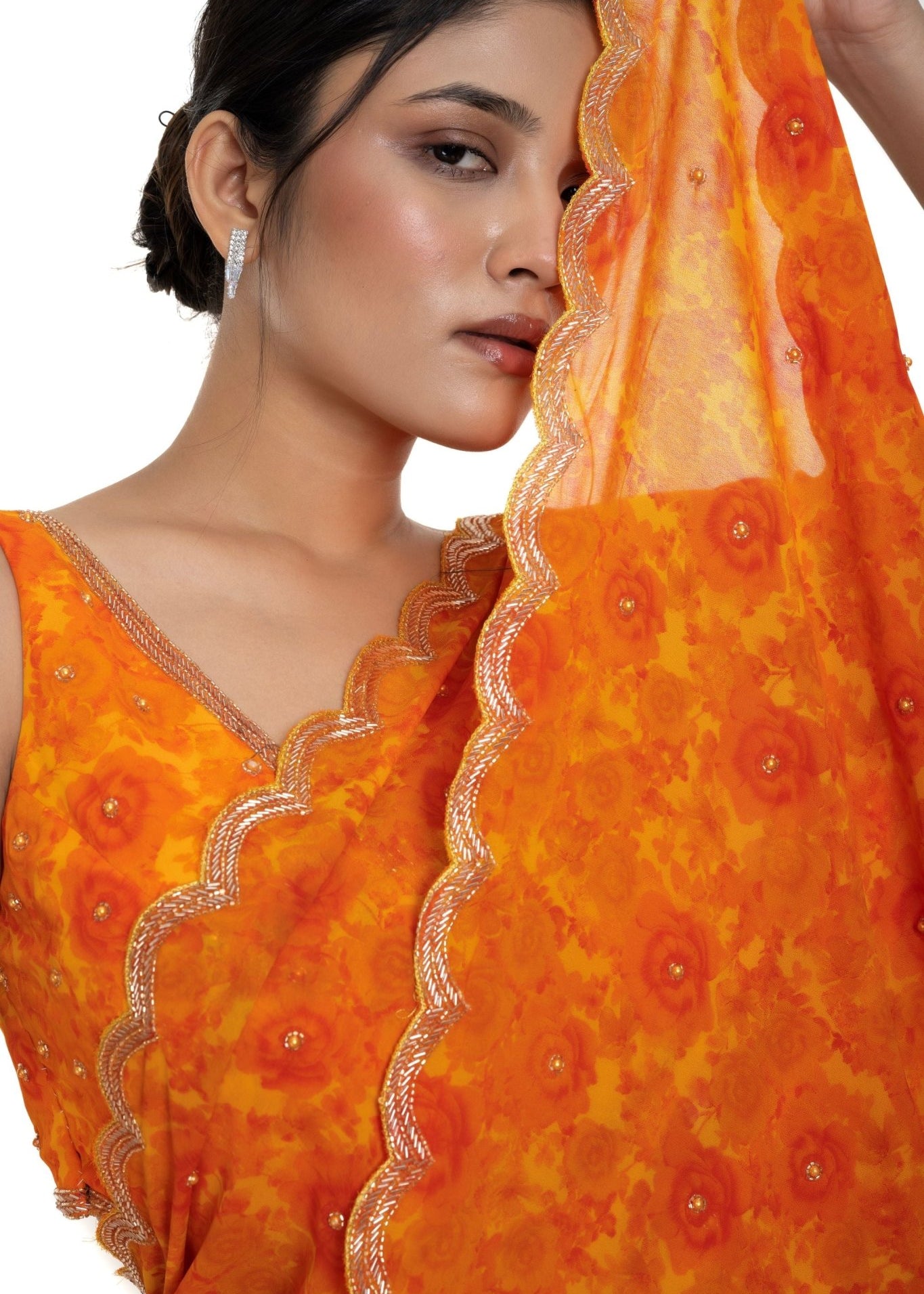 Orange Floral Digital Printed Saree Blouse Set with Cut dana Scallop border - Image 4