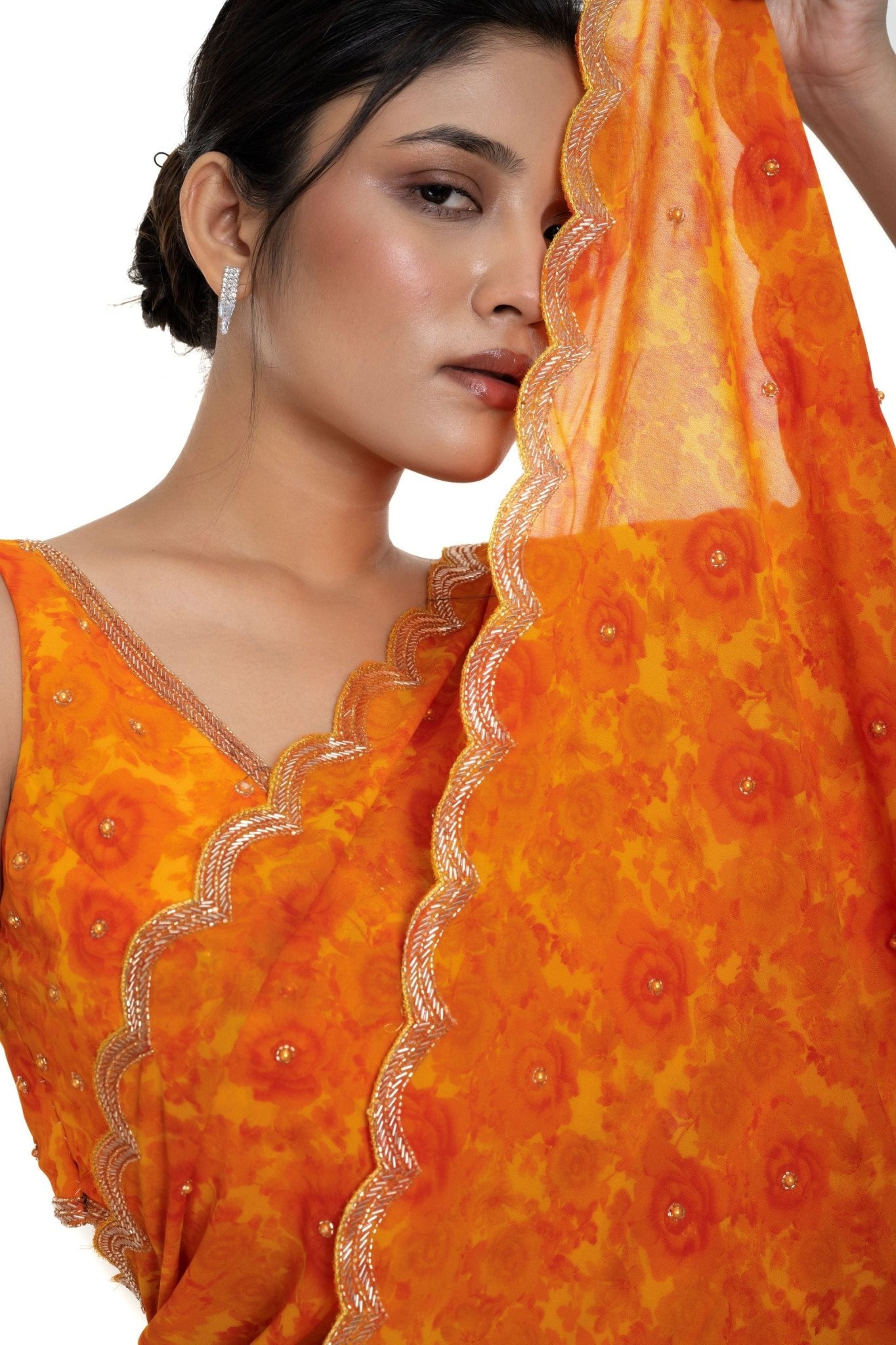 Orange Floral Digital Printed Saree Blouse Set with Cut dana Scallop border - Anvi Couture