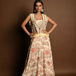 Ivory White Floral Print lehenga with Embroidered Jacket - Anvi Couture