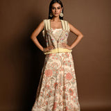 Ivory White Floral Print lehenga with Embroidered Jacket - Anvi Couture